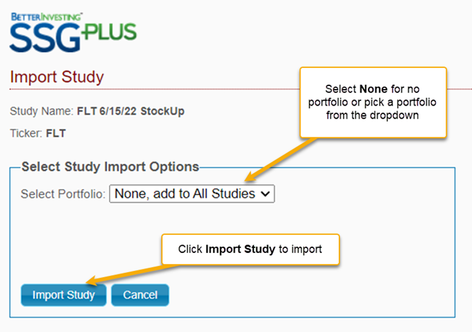 screenshot of import study popup