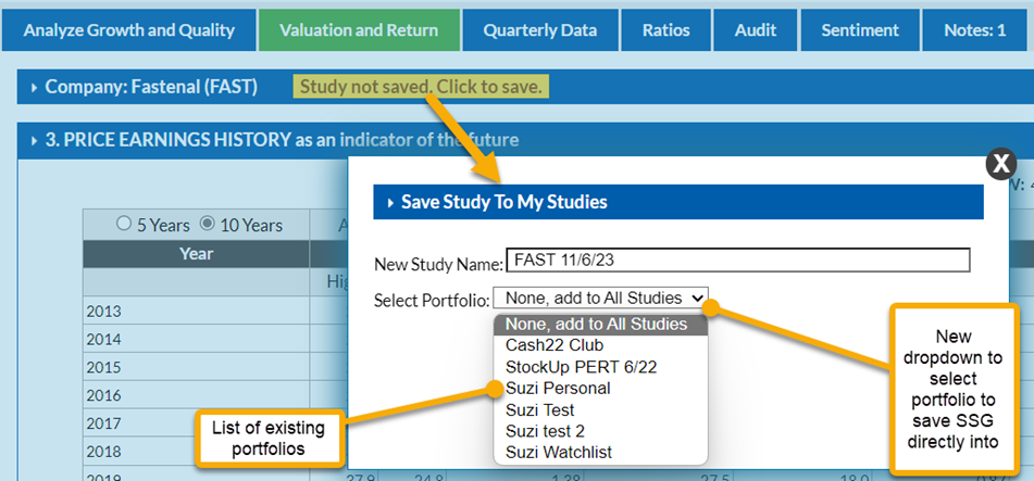 Saving study directly to a portfolio screenshot